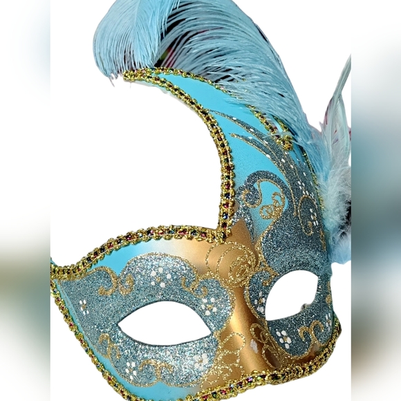 SKY BLUE AND GOLD MASQUERADE MASK W/BLUE AND BLACK FEATHERS - Picture 2 of 4